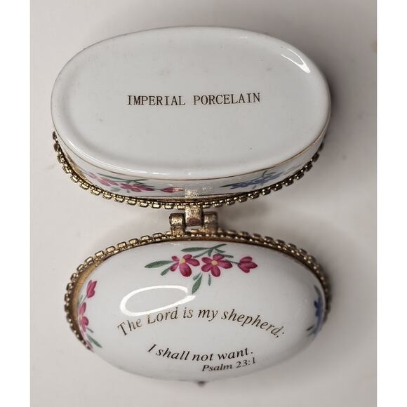 Imperial Porcelain Trinket Box Floral Religious Psalm The Lord Is My Shepherd - Picture 1 of 8